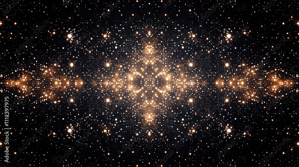 Fototapeta premium A symmetrical digital design of pixelated stars scattered across a dark background, forming a perfect mirrored pattern