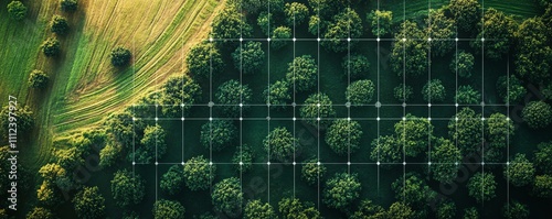 Bird seye view of land plots with digital grid lines, markers, and network overlays, symbolizing advanced land plot area management systems photo