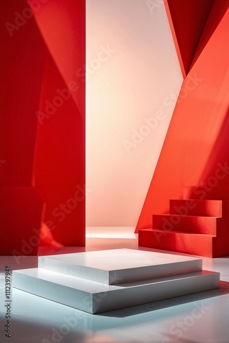 Abstract red stage with white geometric platform and angular shadows, designed for product presentations or creative exhibitions. 