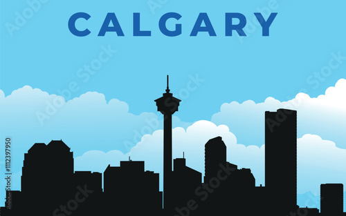 Calgary. Black silhouette of the city skyline. Vector on the background of blue sky with white clouds	