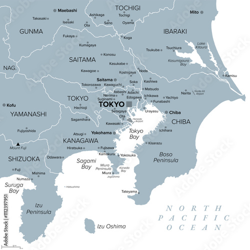 Tokyo Major Metropolitan Area, gray political map of the Capital Region of Japan, located on island Honshu. Map showing Itto Sanken, consisting of the prefectures Tokyo, Chiba, Saitama and Kanagawa.