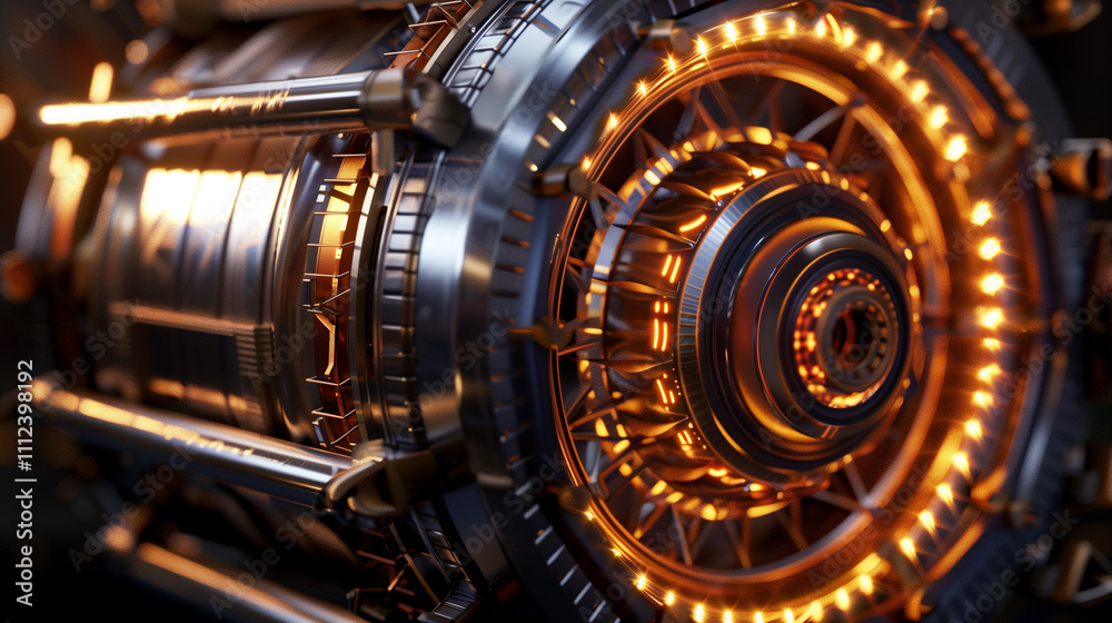 Metallic iron core with intricate magnetic field details, isolated on dark background, showcasing industrial strength and precision. Metallic iron core with intricate magnetic field details, isolated on dark background, showcasing industrial strength and precision.