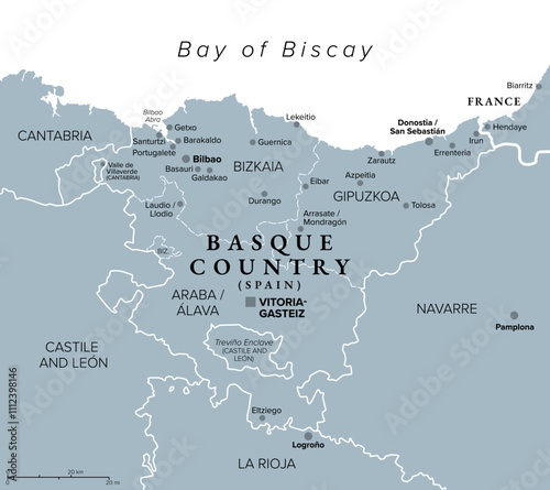 Basque Country, Euskadi, gray political map with capital Vitoria-Gasteiz and largest city Bilboa. The Basque Autonomous Community in northern Spain including the provinces Araba, Bizkaia and Gipuzkoa.