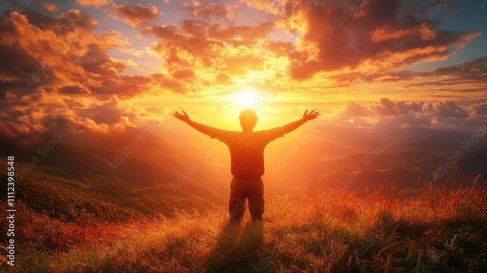 Silhouette of a man standing with arms outstretched against a vibrant sunset in a mountain landscape. Silhouette of a man standing with arms outstretched against a vibrant sunset in a mountain landscape.