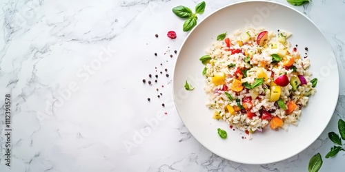 Insalata di Riso colorful rice salad with vegetables, plated on a clean white plate, marble surface, top view, reserved text space included. photo
