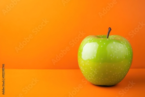 Bright green apple on orange background, minimalist design concept photo