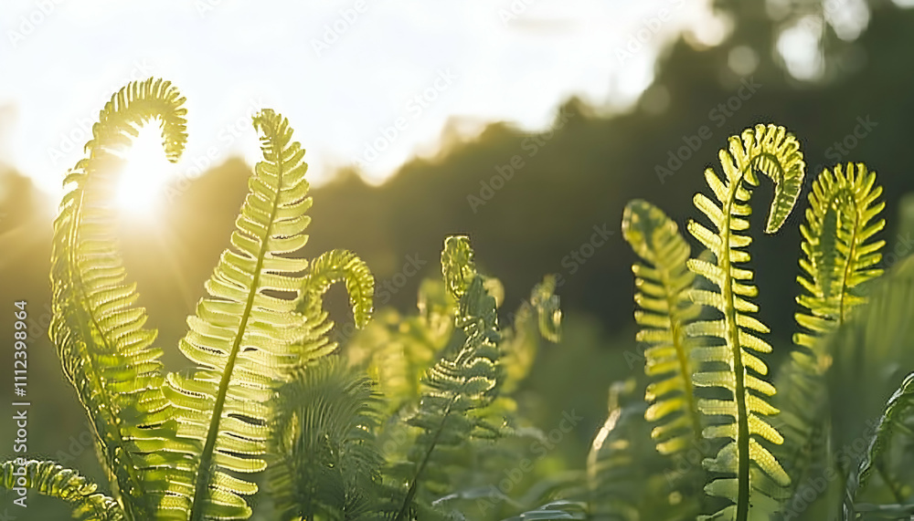 Naklejka premium Golden sunlight illuminates vibrant green ferns, creating a serene and peaceful nature scene.