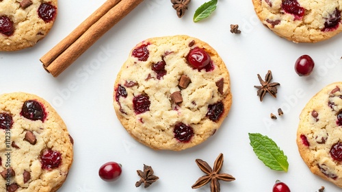 Isolated cranberry drop cookies styled on a clean white surface with decorative cinnamon sticks and mint leaves