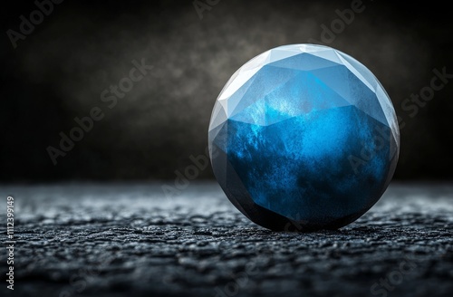 A chaotic abstract 3D rendering featuring a low poly blue sphere. photo