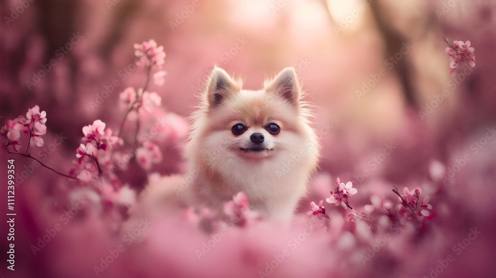 Obraz premium Adorable Pomeranian puppy sitting outdoors, fluffy and playful canine enjoying a cheerful summer day in the park, showcasing its friendly nature and lovely purebred charm