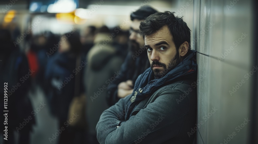Thoughtful Man Leaning Against Wall in Crowded Urban Environment Captured in Dimly Lit Scene Thoughtful Man Leaning Against Wall in Crowded Urban Environment Captured in Dimly Lit Scene