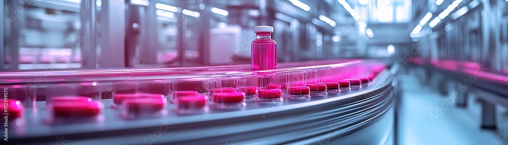 Futuristic pharmaceutical factory with automated systems and a sterile environment, processing pills and drugs on hightech conveyor belts Futuristic pharmaceutical factory with automated systems and a sterile environment, processing pills and drugs on hightech conveyor belts