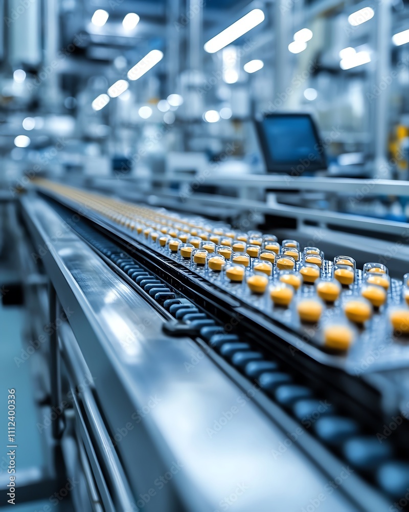 Sterile pharmaceutical production facility with an efficient conveyor system, processing and packaging drugs and pills in a clean, modern factory setting Sterile pharmaceutical production facility with an efficient conveyor system, processing and packaging drugs and pills in a clean, modern factory setting