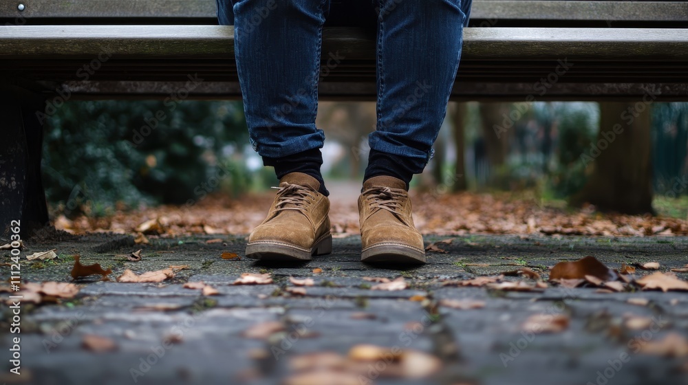 Person Sitting on a Public Bench Surrounded by Autumn Leaves and Pathway in a Park Person Sitting on a Public Bench Surrounded by Autumn Leaves and Pathway in a Park