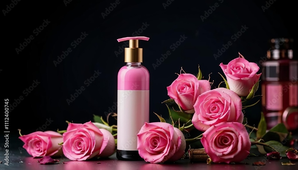 Spa relaxing composition with cosmetic bottle of body lotion and pink roses on dark background. Skin care procedure. AI generated. Spa relaxing composition with cosmetic bottle of body lotion and pink roses on dark background. Skin care procedure. AI generated.