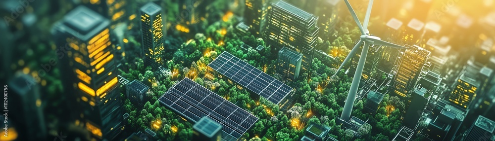A conceptual image of a sustainable energy system, featuring wind turbines, solar panels, and advanced green technology working together to power a clean future A conceptual image of a sustainable energy system, featuring wind turbines, solar panels, and advanced green technology working together to power a clean future