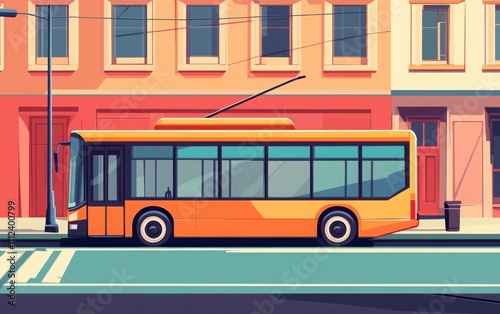 A simple, wide shot of an orange cartoon bus next to a red building, flat design style with a warm color palette, featuring clear lines, no shadows, and daylight lighting