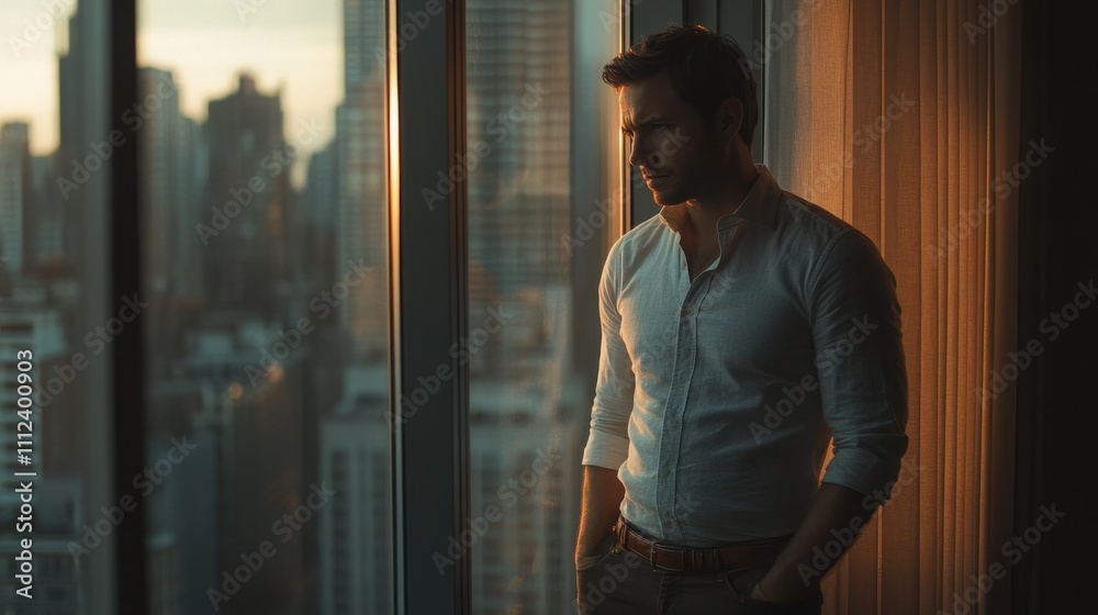 Man Standing by Window Contemplating Cityscape at Sunset with Soft Lighting and Stylish Attire Man Standing by Window Contemplating Cityscape at Sunset with Soft Lighting and Stylish Attire