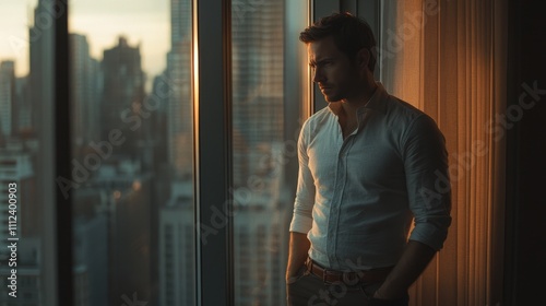 Man Standing by Window Contemplating Cityscape at Sunset with Soft Lighting and Stylish Attire