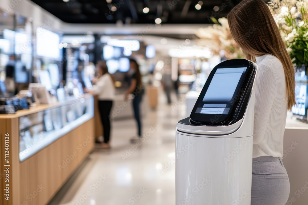 A sleek, modern in-store technology kiosk featuring a touchscreen interface, showcasing the blend of innovation and retail experience in a contemporary shopping environment. A sleek, modern in-store technology kiosk featuring a touchscreen interface, showcasing the blend of innovation and retail experience in a contemporary shopping environment.
