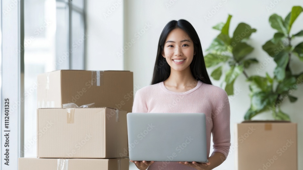 A smiling woman stands with a laptop in front of cardboard boxes, showcasing a modern workspace. A smiling woman stands with a laptop in front of cardboard boxes, showcasing a modern workspace.
