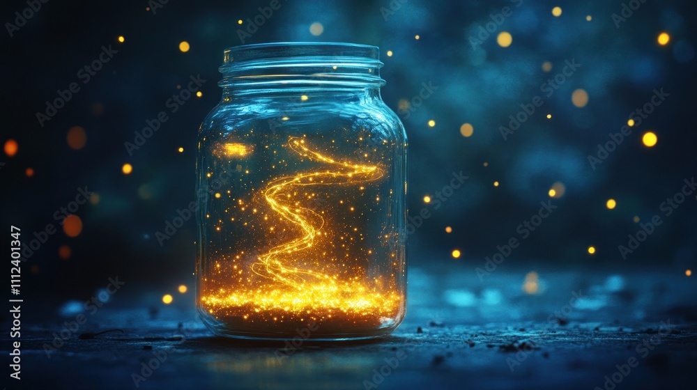 A glass jar with a swirling, glowing, yellow light inside, with a bokeh background of many lights. A glass jar with a swirling, glowing, yellow light inside, with a bokeh background of many lights.