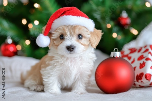 Adorable puppy in a Santa hat sitting by a Christmas tree, illustrating festive cheer and holiday spirit. photo