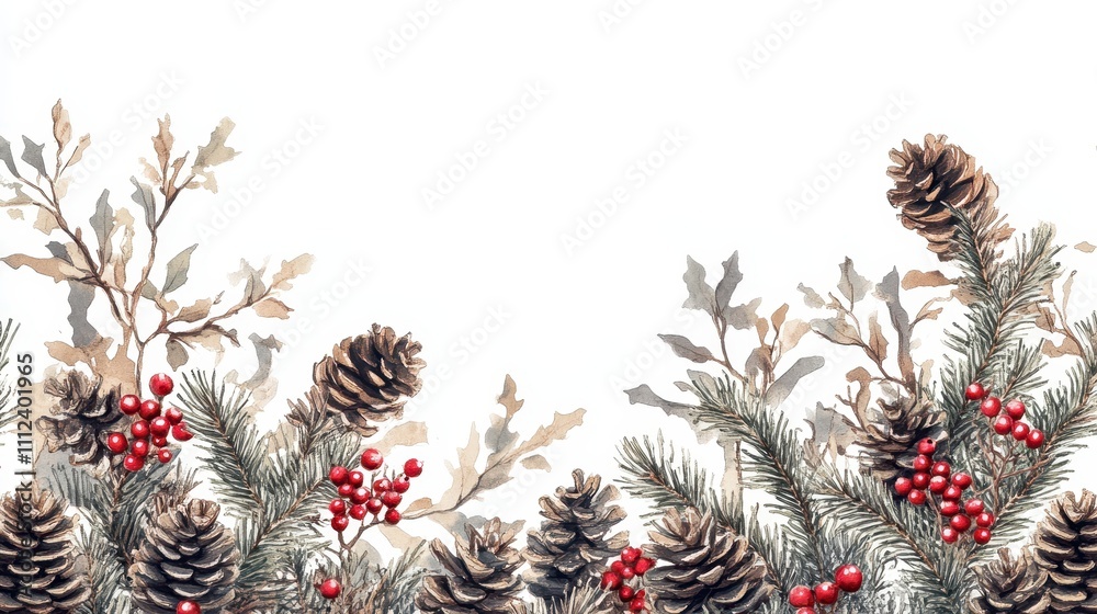 Naklejka premium Decorative holiday forest art featuring fir twigs, red berries, and pine cones, banner style with white background