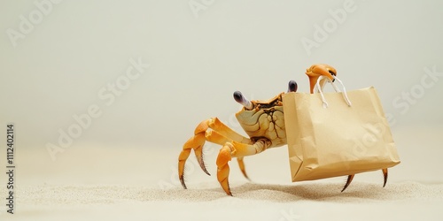Crab Carrying Shopping Bag with Claw on Sandy Beach Background