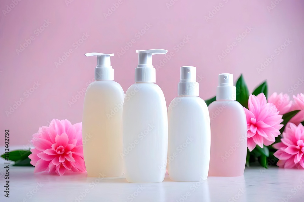 A cosmetic set on a white table with pink dahlia flowers. Bottles for skin care on display with cosmetics A cosmetic set on a white table with pink dahlia flowers. Bottles for skin care on display with cosmetics