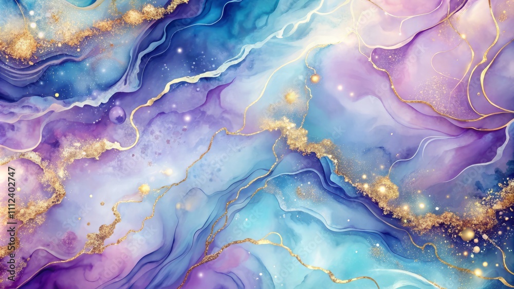 Fototapeta premium Luxurious Purple-Blue Abstract Marble Background with Golden Glitter Lines and Dreamy Pastel Watercolor Effects for Elegant Design Projects