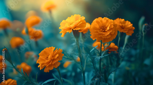 Bright marigold flower blooming in a vibrant green field, showcasing its beautiful yellow petals and natural beauty, perfect for summer gardens and rural landscapes