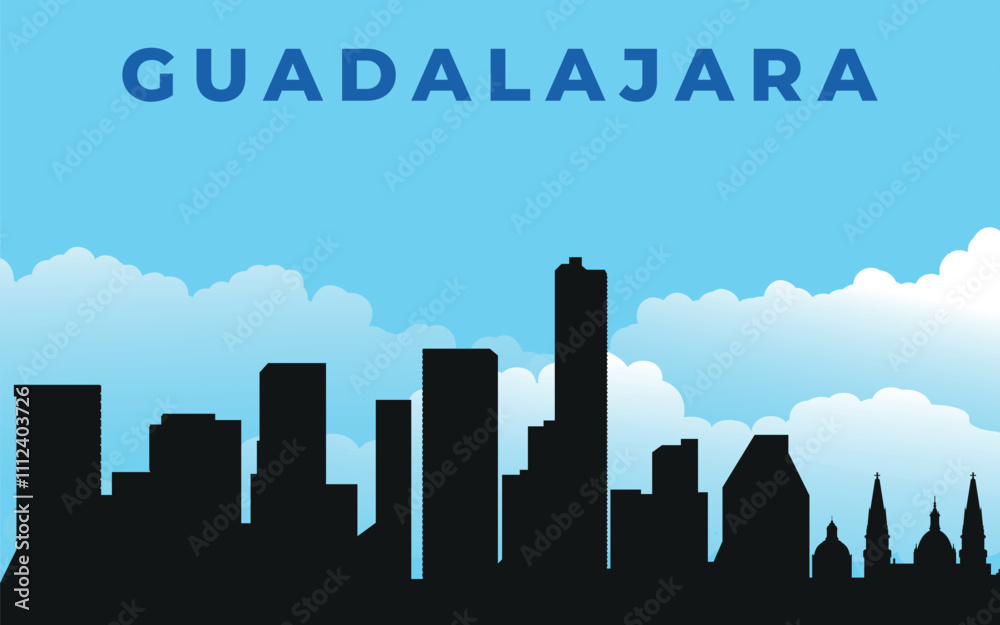 Fototapeta premium Guadalajara. Black silhouette of the city skyline. Vector on the background of blue sky with white clouds 