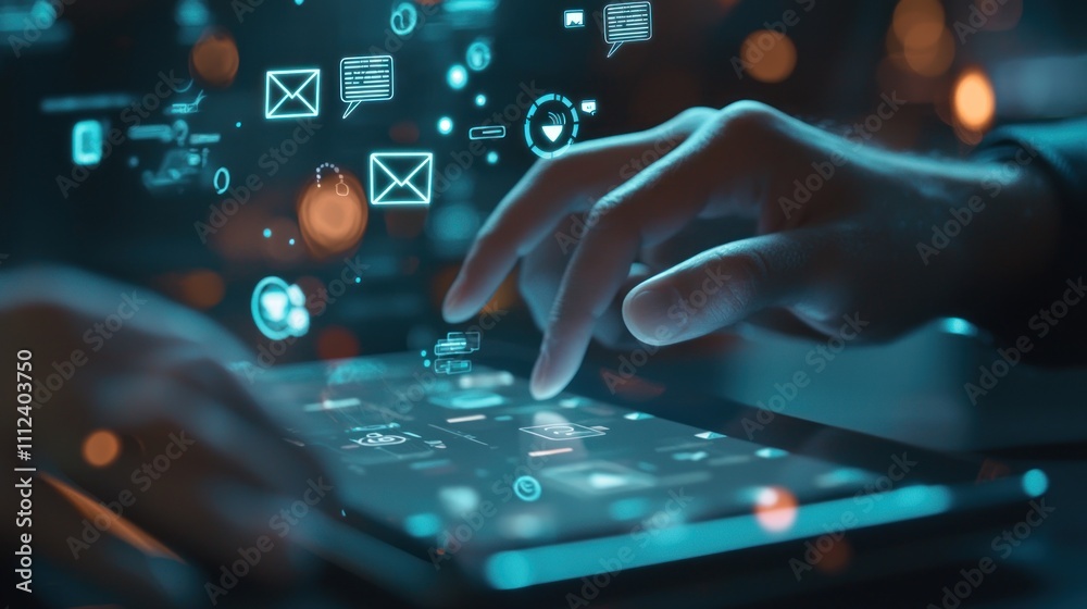 A close-up of hands typing a text message on a tablet, with digital icons like email and chat bubbles floating around. A close-up of hands typing a text message on a tablet, with digital icons like email and chat bubbles floating around.