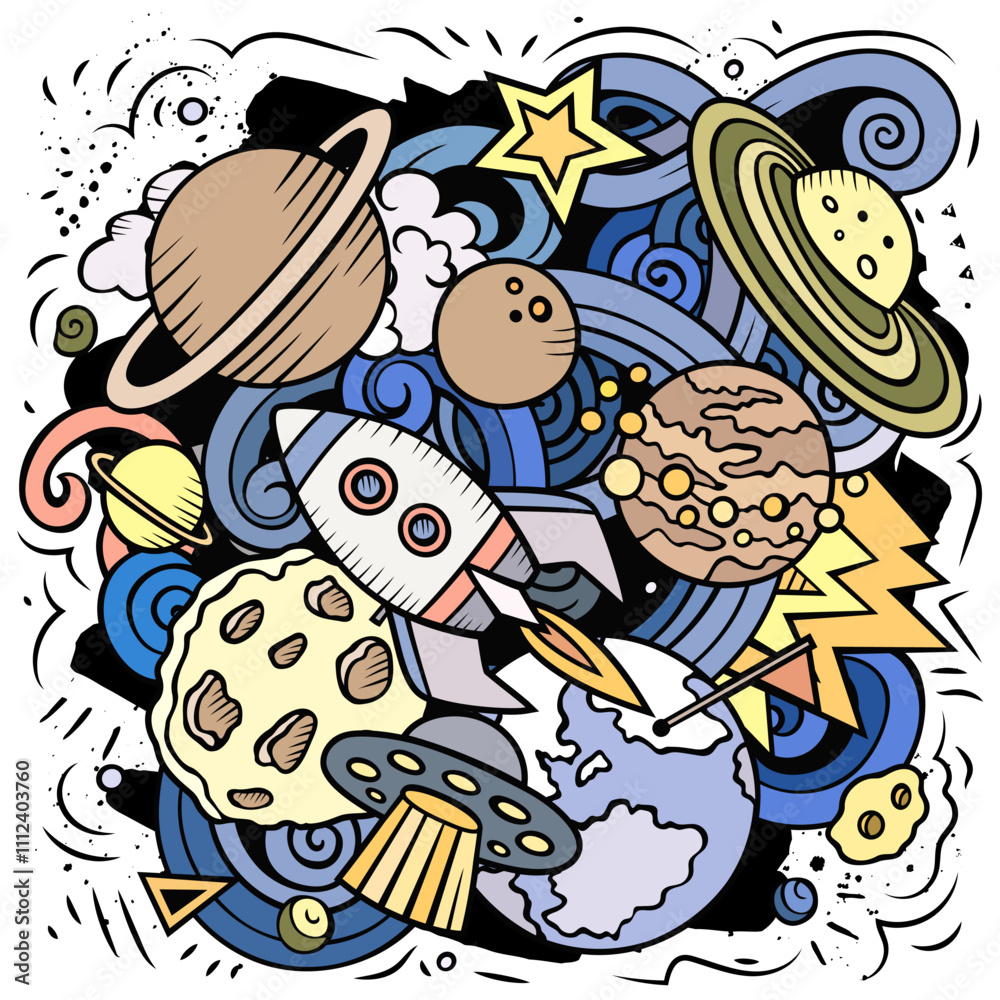 Space cartoon vector illustration. Funny detailed composition with a lot of Cosmos objects and symbols Space cartoon vector illustration. Funny detailed composition with a lot of Cosmos objects and symbols