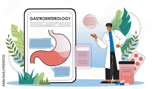 Gastroenterology doctor concept. Man in medical uniform near structure of stomach. Healthcare and medicine. Diagnosis and treatment. Flat vector illustration