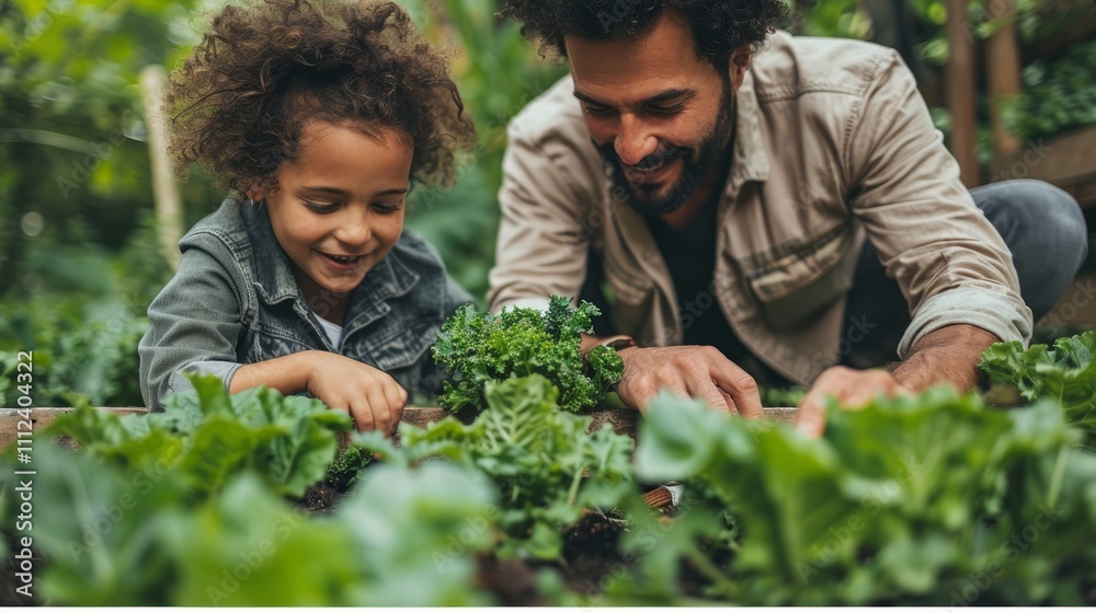 custom made wallpaper toronto digitalHappy father and daughter gardening together, tending to young plants in a raised garden bed.