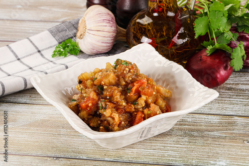 Grilled vegetables salad - Eggplant, tomato and pepper photo