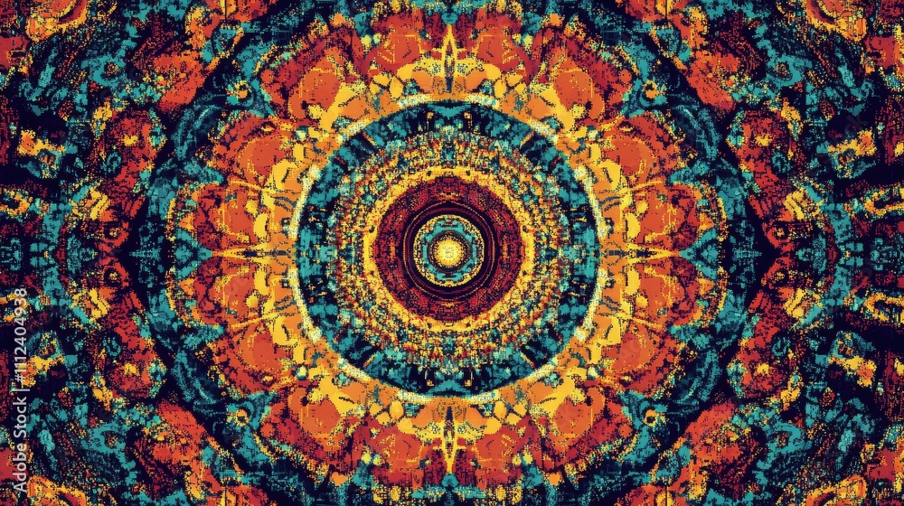 A symmetrical pixel art mandala design with concentric circles, each filled with abstract shapes and colors A symmetrical pixel art mandala design with concentric circles, each filled with abstract shapes and colors
