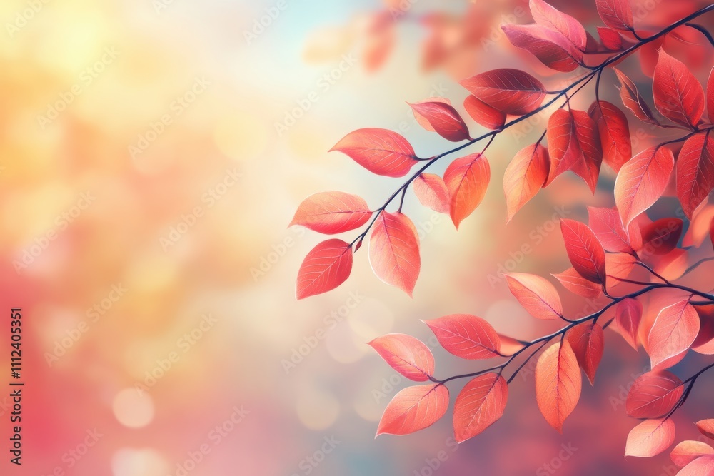 A branch with vibrant red leaves against a soft, blurred background. A branch with vibrant red leaves against a soft, blurred background.