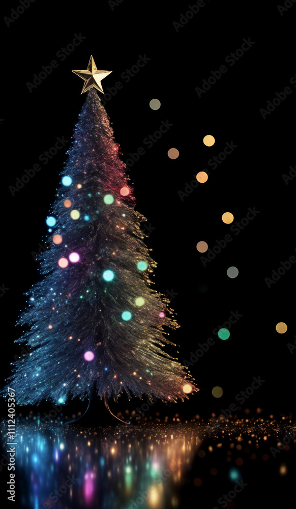 A colorful holographic Christmas tree on a black background with bokeh sparkles. A colorful holographic Christmas tree on a black background with bokeh sparkles.