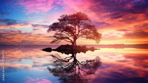 tranquil tree and lake illustration photo