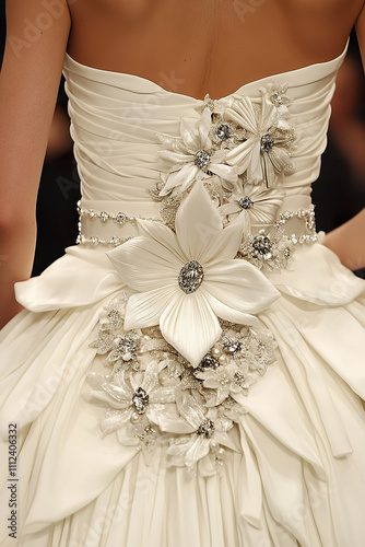 Elegant bridal gown featuring floral embellishments, back view