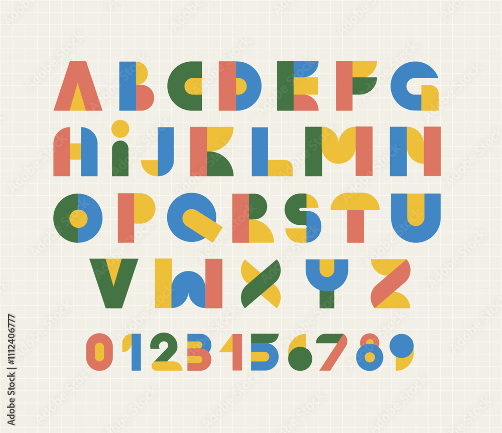 Geometric font set. Colorful letters and numbers. Alphabet from colorful various geometric figures. Minimalistic text, typography. Flat vector collection Geometric font set. Colorful letters and numbers. Alphabet from colorful various geometric figures. Minimalistic text, typography. Flat vector collection