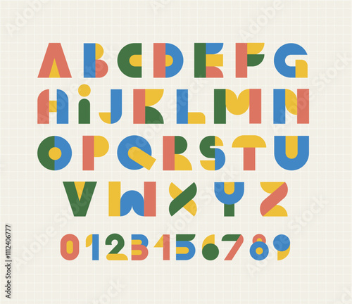 Geometric font set. Colorful letters and numbers. Alphabet from colorful various geometric figures. Minimalistic text, typography. Flat vector collection