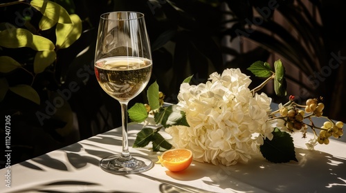 reflecti white wine glass on table photo