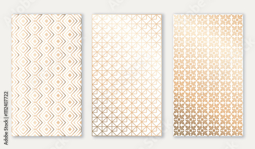 Geometric golden luxury posters set. Premium corporate booklets and flyers template. Deluxe brochure. Abstract creativity and art. Flat vector collection