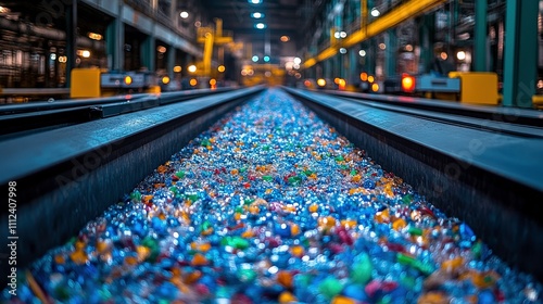 Colorful Plastic Recyclables on Conveyor Belt in Modern Industrial Facility: Vibrant Material Stream for Recycling Process and Sustainable Production photo