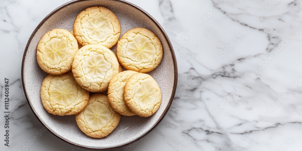 Lemon cookies arranged on a ceramic dish, marble background, top view, clean area for text, DSLR clarity. Lemon cookies arranged on a ceramic dish, marble background, top view, clean area for text, DSLR clarity.