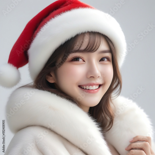 Portrait of a beautiful young woman wearing a Santa Claus hat and a fur coat. White background. Christmas image. Card design.サンタクロースの帽子をかぶってファーコートを着た美しい若い女性のポートレート。白背景。クリスマスのイメージ。カードデザイン。